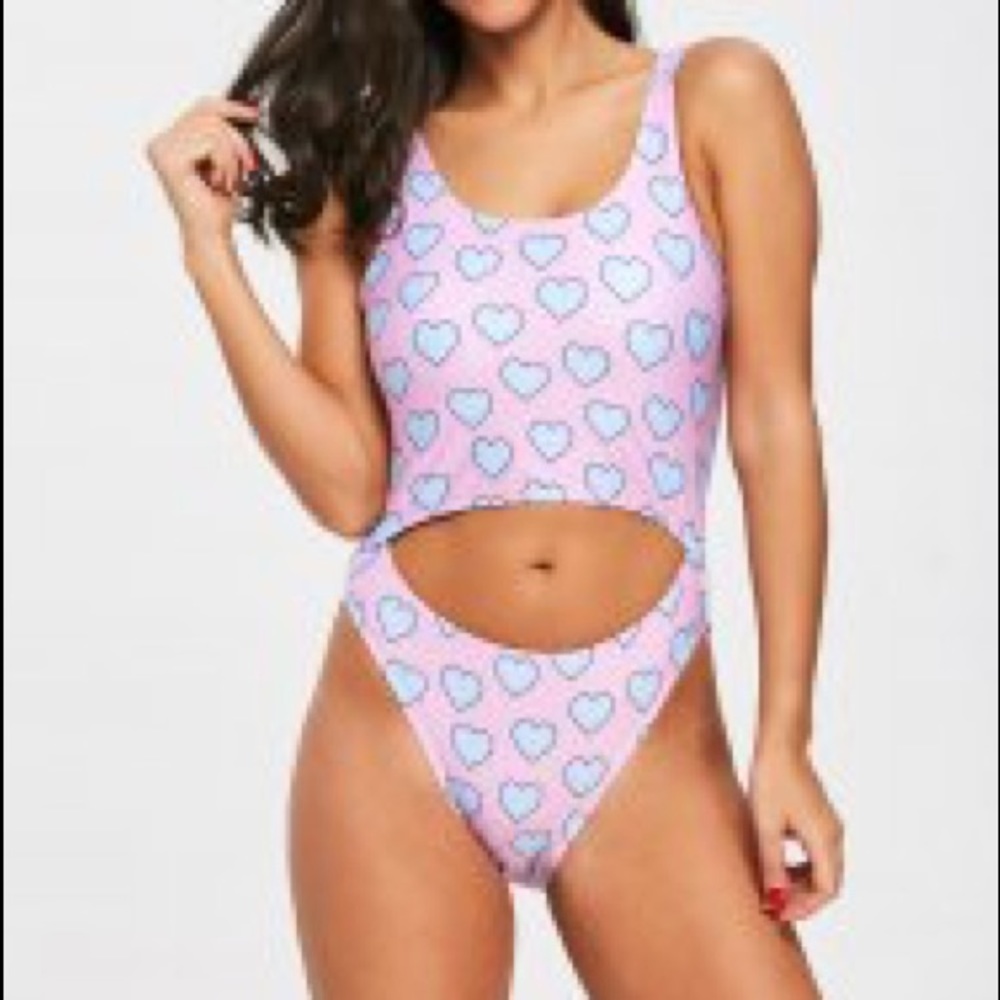 Heart Print Cut Out Swimsuit - Picture 1 of 9